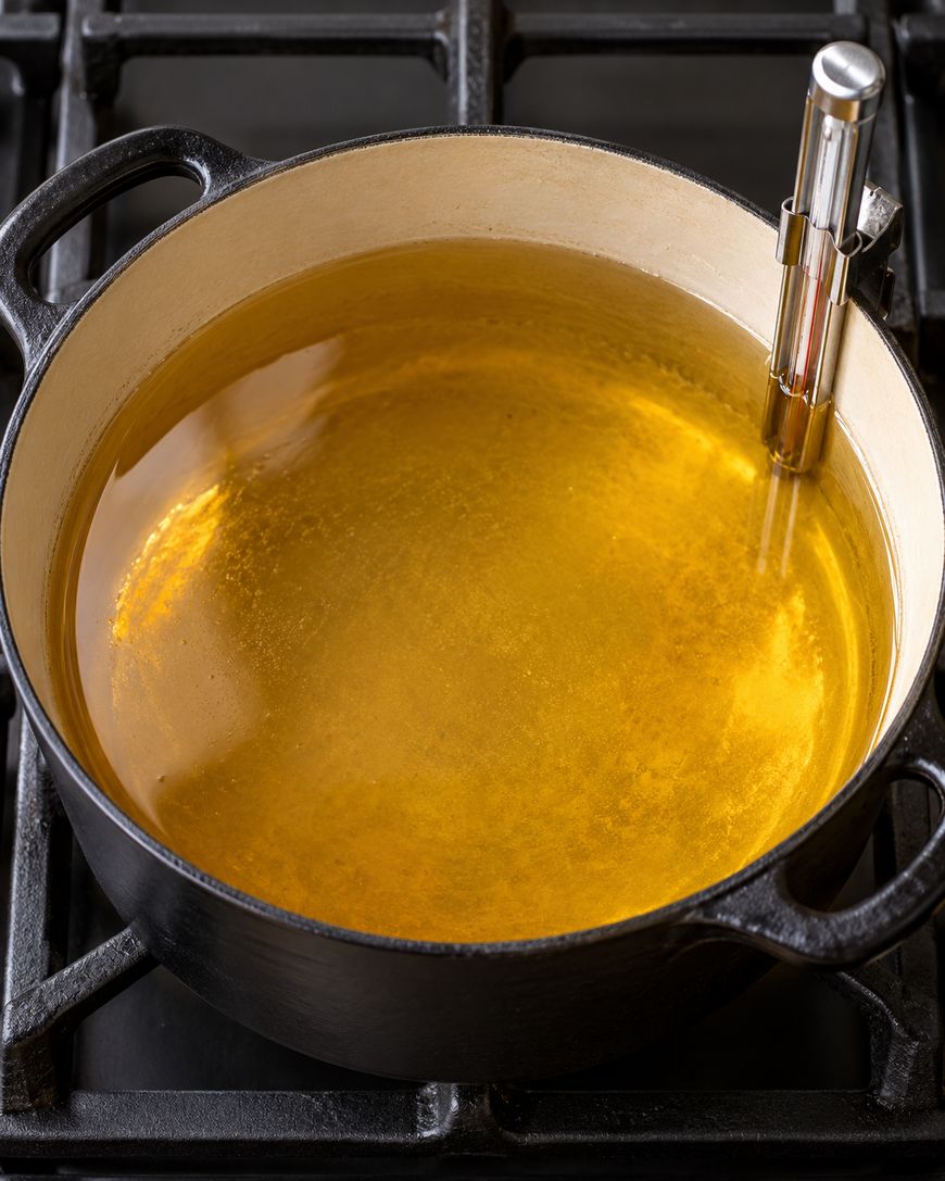 A black cast iron pot filled with hot oil on a stove, with a candy or deep-fry thermometer attached to the side.