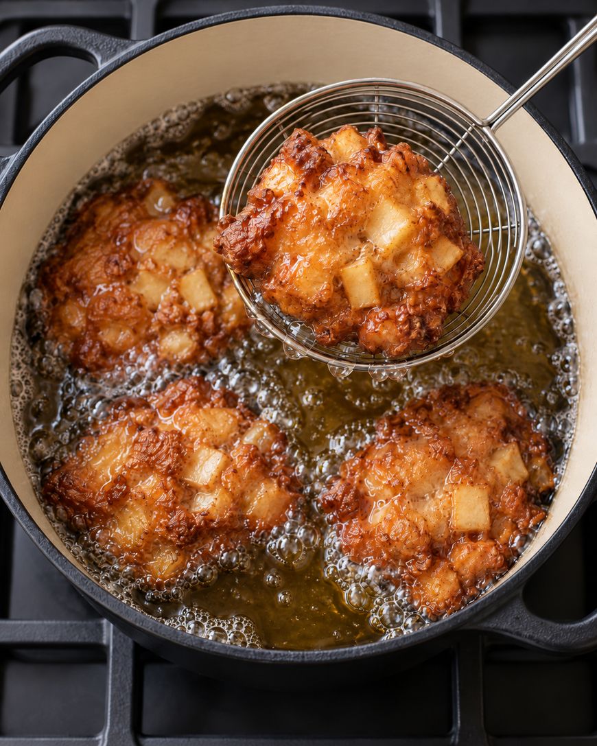 A metal spider strainer lifts a golden-brown apple fritter from a pot of bubbling hot oil.