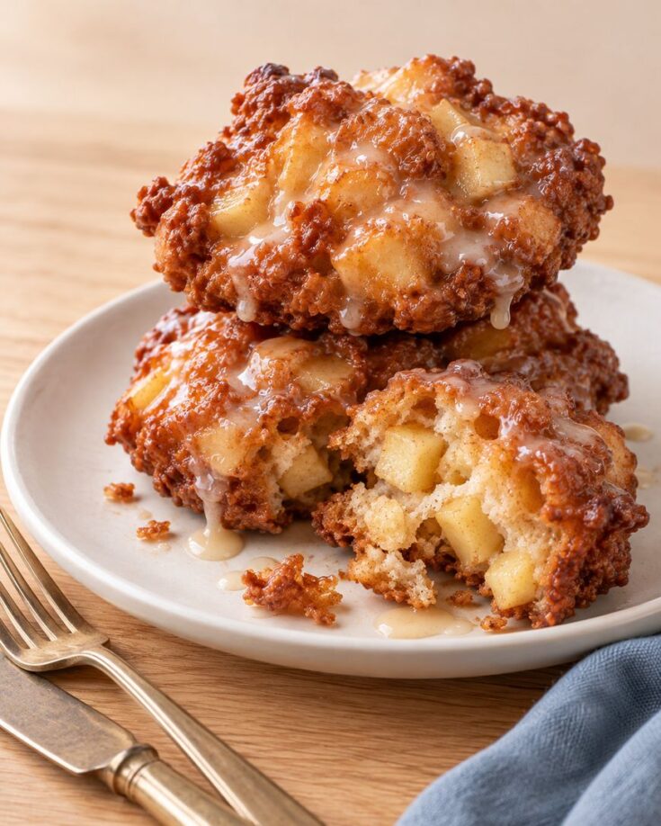 Stacked apple fritters glazed with icing on a white plate, with one piece broken open to show the apple pieces inside.