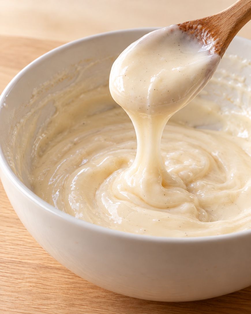 A wooden spoon lifts thick, creamy vanilla bean pastry cream from a white bowl.