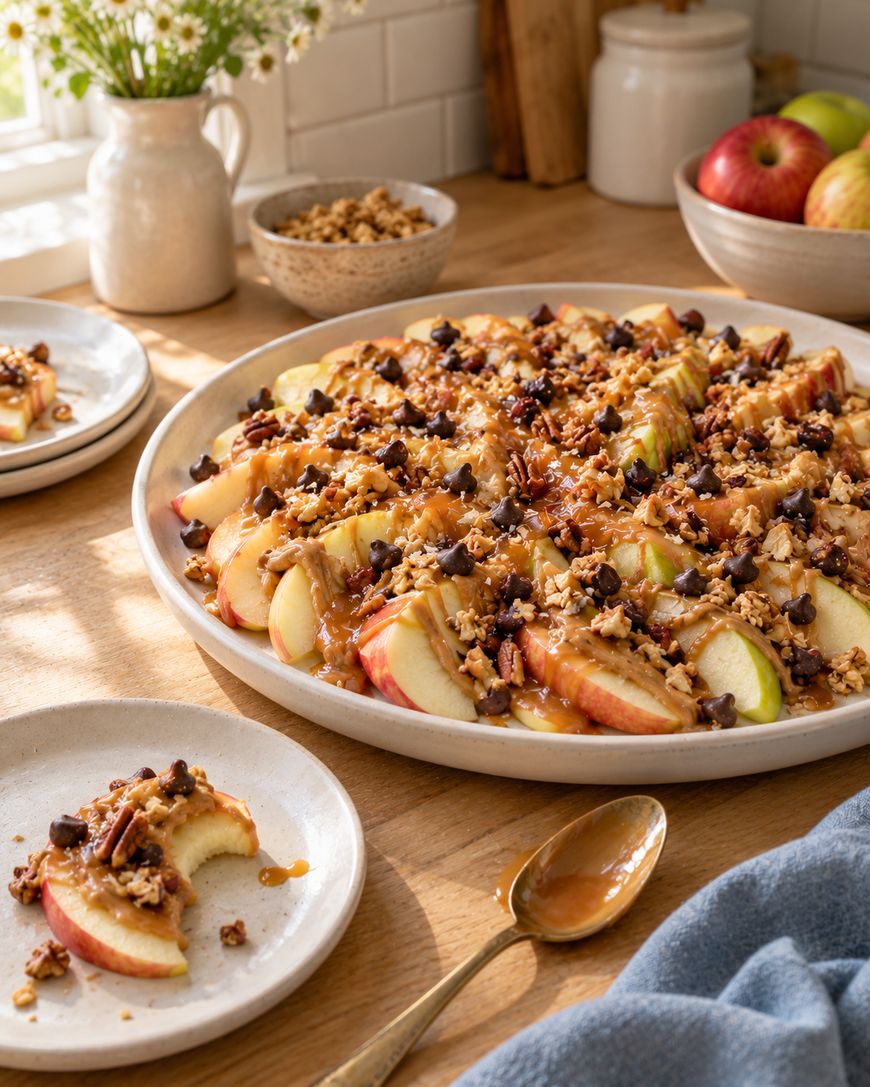 Sliced apples on a platter topped with nut butter, chocolate chips, and chopped nuts, with a small plate holding a single topped apple slice in the foreground.