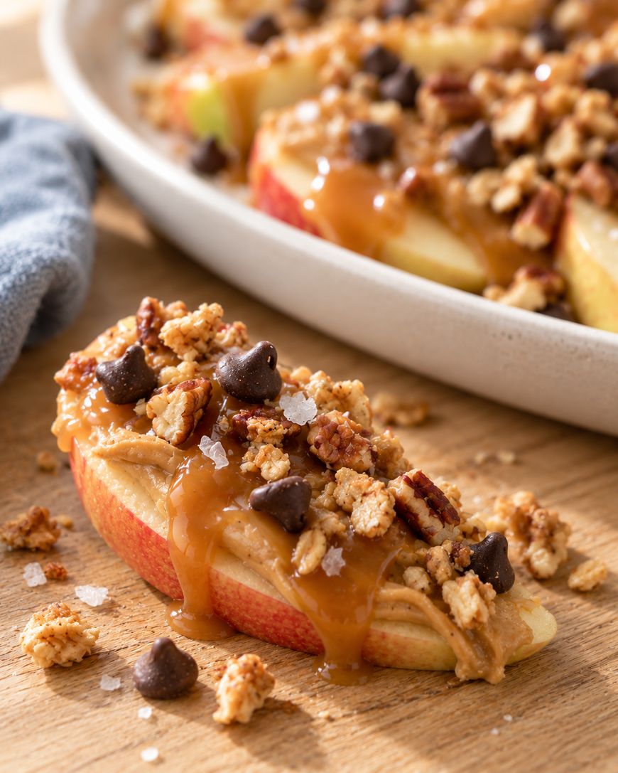 A slice of apple topped with nut butter, caramel sauce, granola, chocolate chips, and sea salt, with more slices in a bowl in the background.