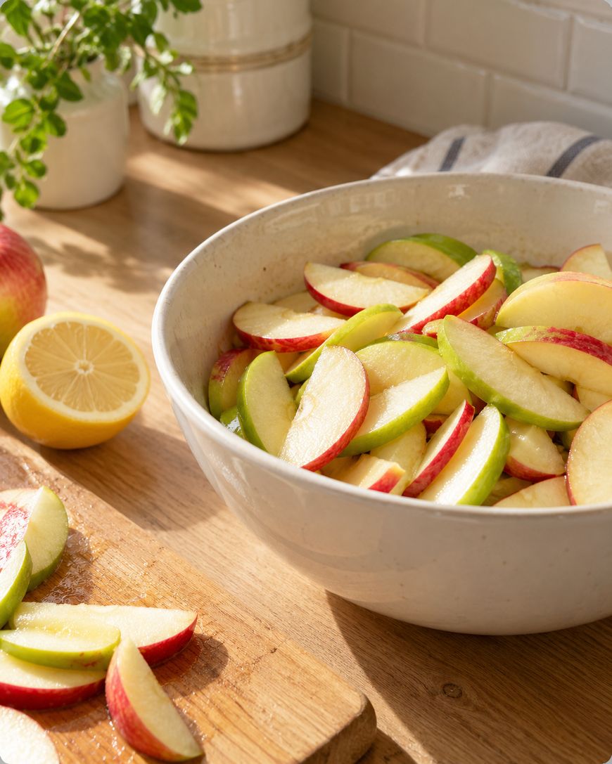 A ceramic bowl filled with freshly sliced green and red apples next to a halved lemon on a wooden cutting board.