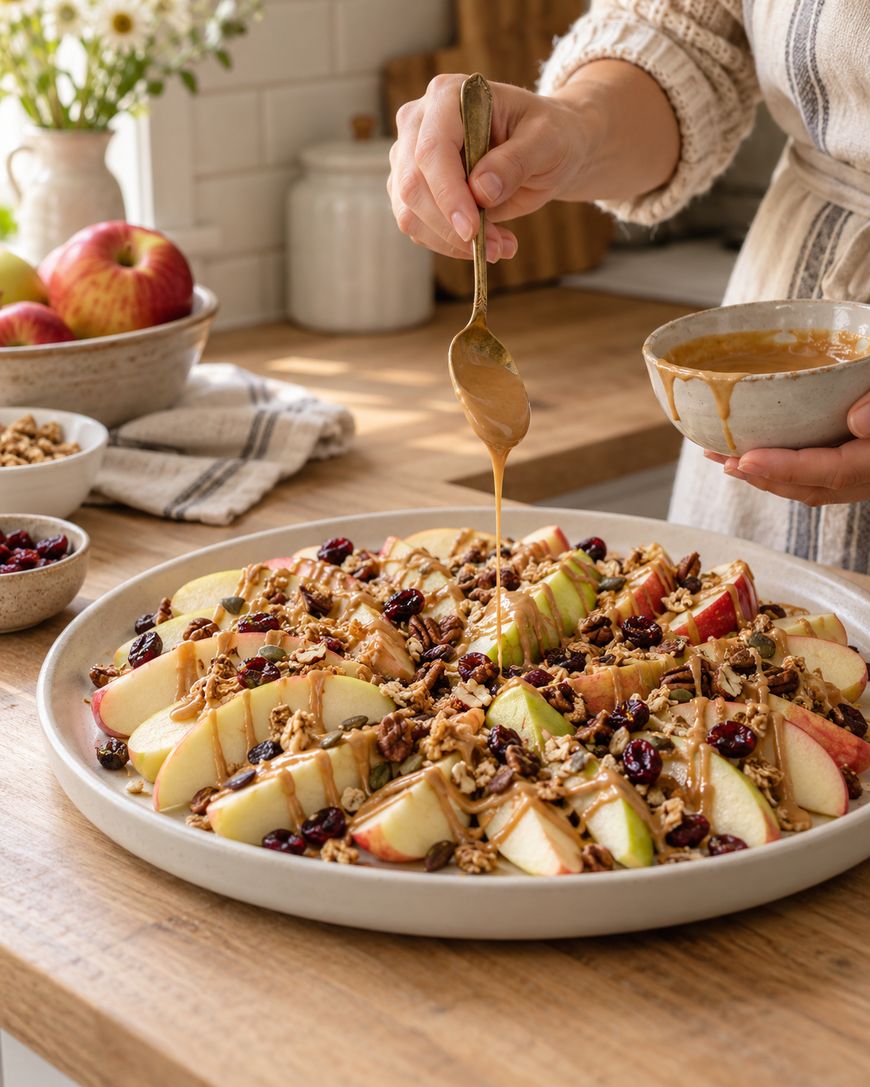 A person drizzling nut butter from a spoon over a platter of sliced apples, granola, nuts, and dried cranberries.