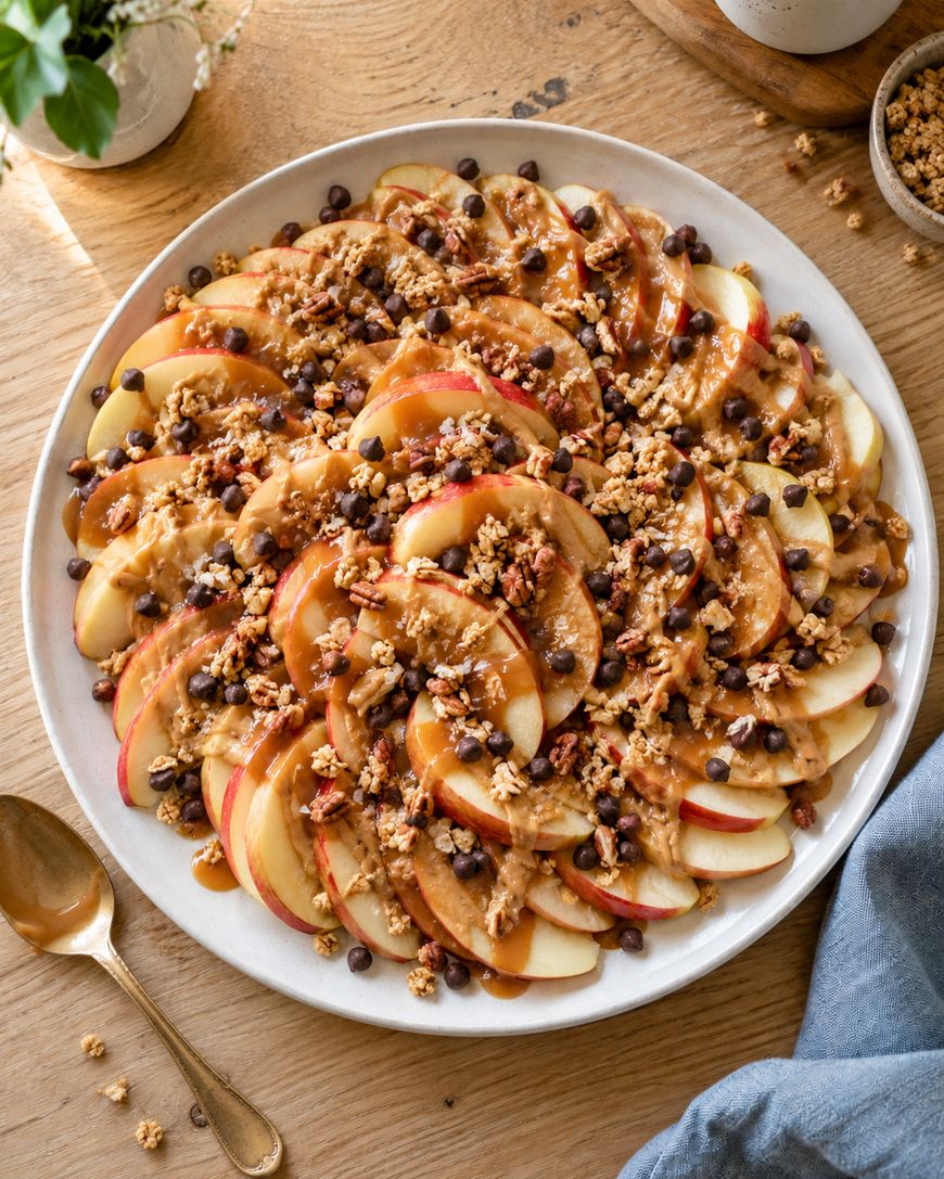A plate of sliced apples topped with drizzled nut butter, granola, and chocolate chips.