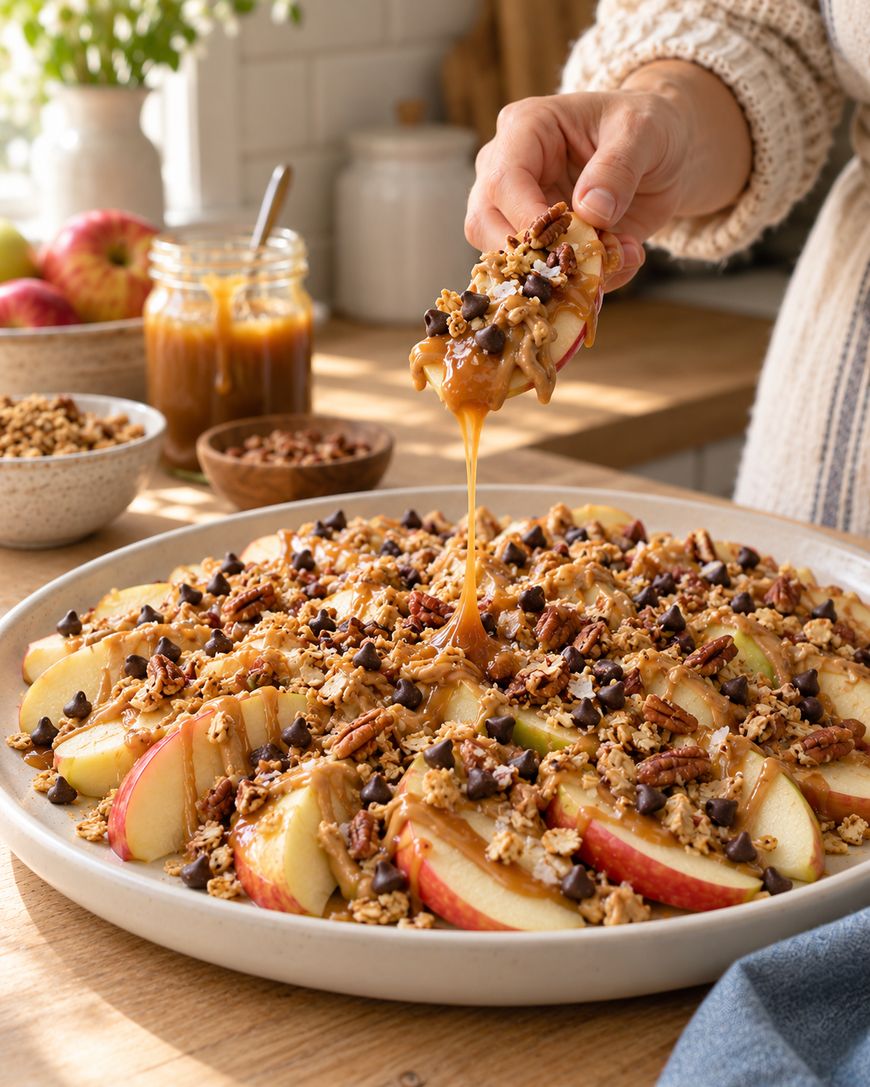 A hand holds an apple slice topped with nut butter, granola, chocolate chips, and caramel over a platter of sliced apples prepared the same way.