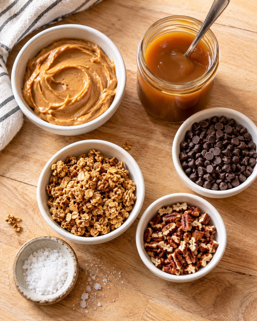 Small bowls containing creamy peanut butter, granola, chocolate chips, chopped pecans, and sea salt, arranged next to a jar of caramel sauce on a wooden surface.