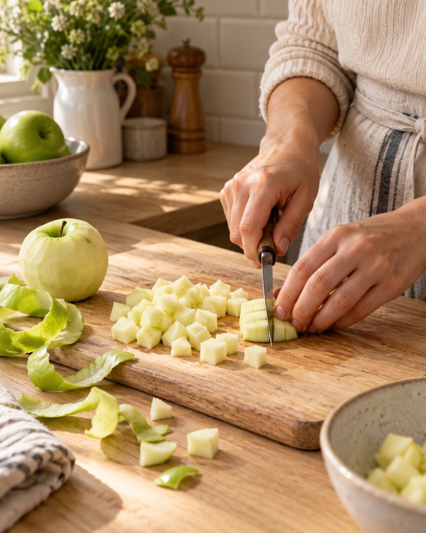 A person using a knife to dice a peeled apple on a wooden cutting board.