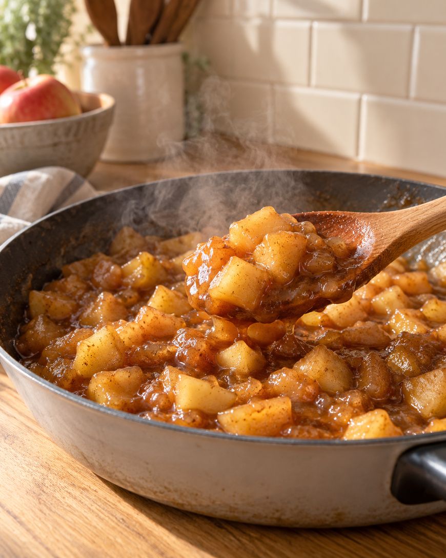 A wooden spoon lifts steaming, cinnamon-coated cooked apples from a skillet.