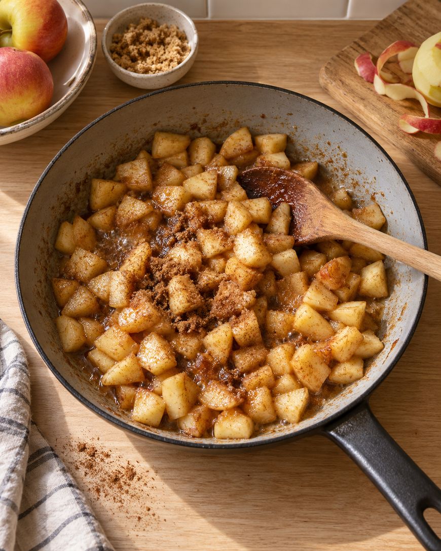 A skillet of diced apples cooking on a stovetop with a wooden spoon and a small bowl of brown sugar nearby.