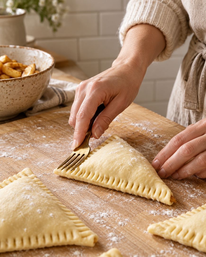 A person uses a fork to crimp the edges of a triangular apple hand pie on a flour-dusted wooden board.