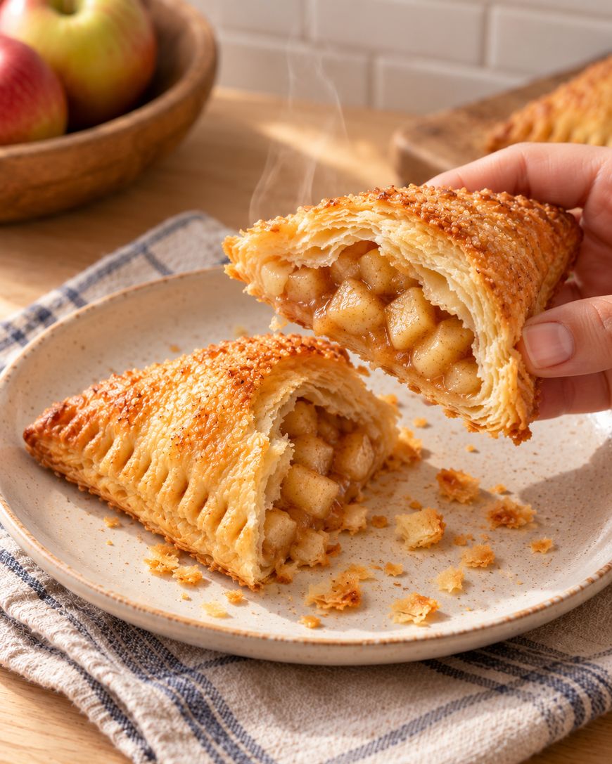 A hand holds the top half of a steaming apple turnover above the bottom half on a plate.
