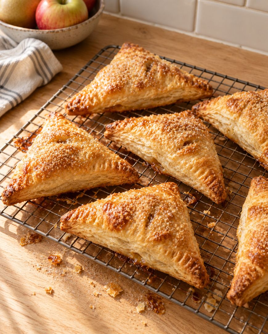 Five triangular apple turnovers sprinkled with coarse sugar on a wire cooling rack.