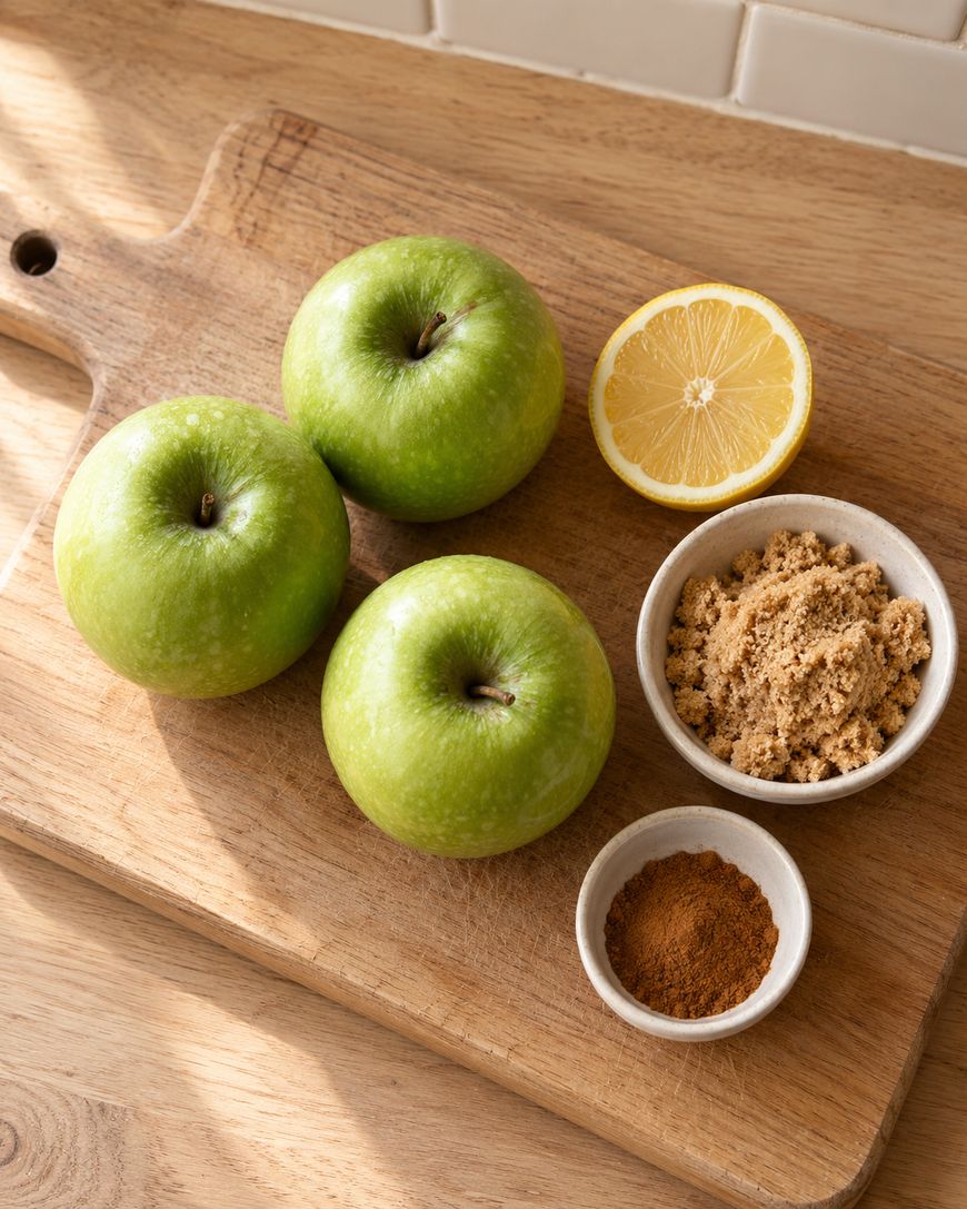 Three green apples, a lemon half, and small bowls of brown sugar and cinnamon on a wooden cutting board.