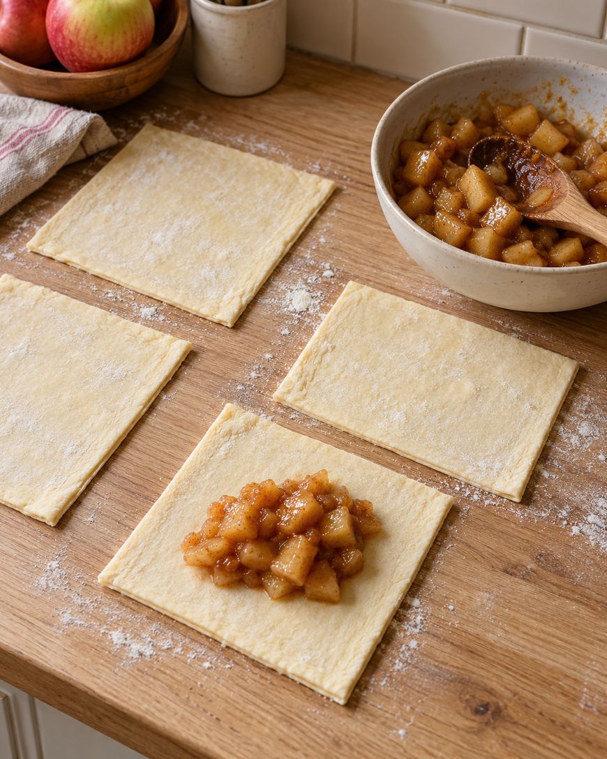 Three square pieces of pastry dough laid out on a wooden counter, with a spoonful of apple filling placed on the bottom square and a bowl of filling nearby.