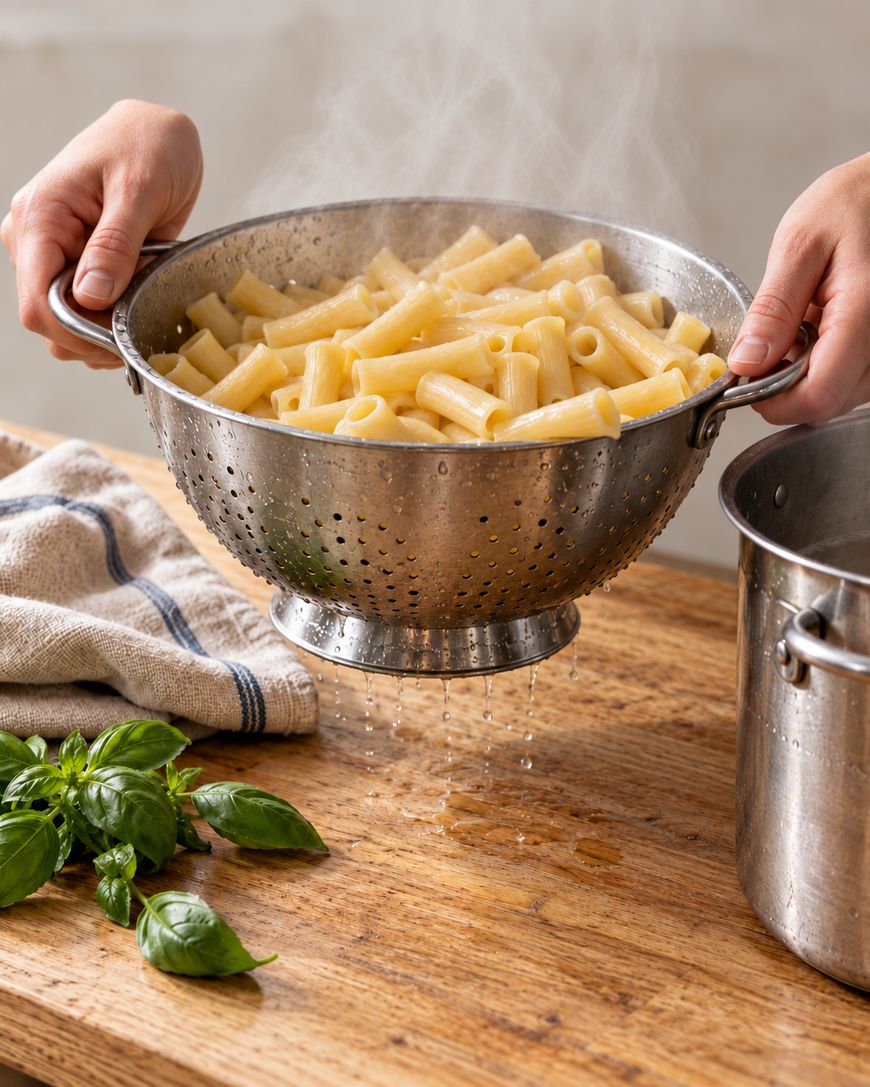 Hands holding a metal colander filled with steaming cooked rigatoni pasta over a wooden counter.