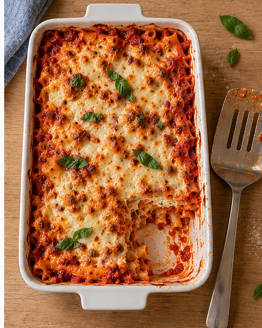 Baked ziti with melted cheese and basil leaves in a white rectangular baking dish, with a metal spatula nearby.