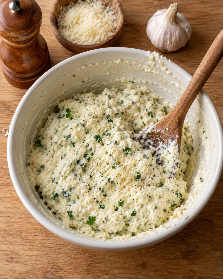 A bowl of ricotta cheese mixture with herbs and black pepper, stirred with a wooden spoon, next to a bowl of grated cheese and a head of garlic.