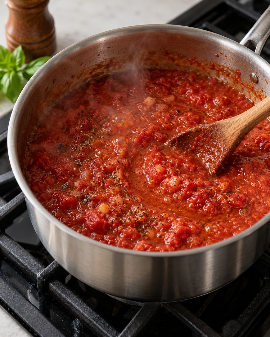 A wooden spoon stirs simmering tomato sauce in a stainless steel saucepan on a stovetop.