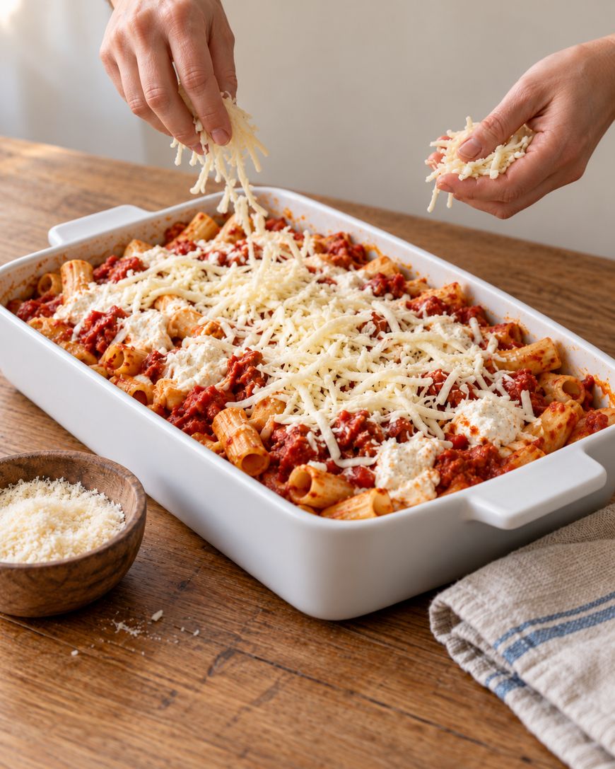 Hands sprinkling shredded cheese over a baked pasta dish in a white casserole dish.