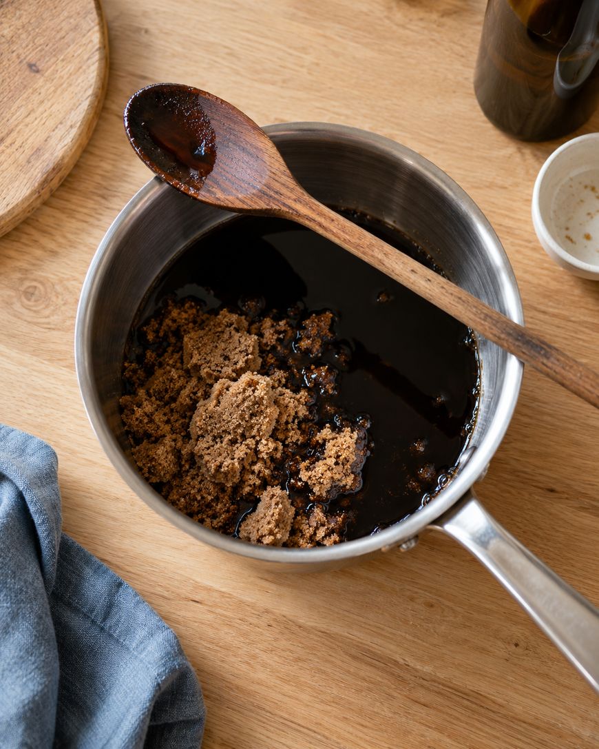 A stainless steel saucepan on a wooden table containing dark liquid and clumps of brown sugar, with a wooden spoon resting across the rim.