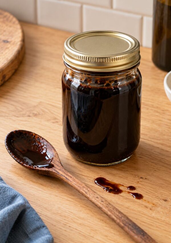 A glass jar filled with dark balsamic glaze next to a wooden spoon with a small drip on a wooden surface.