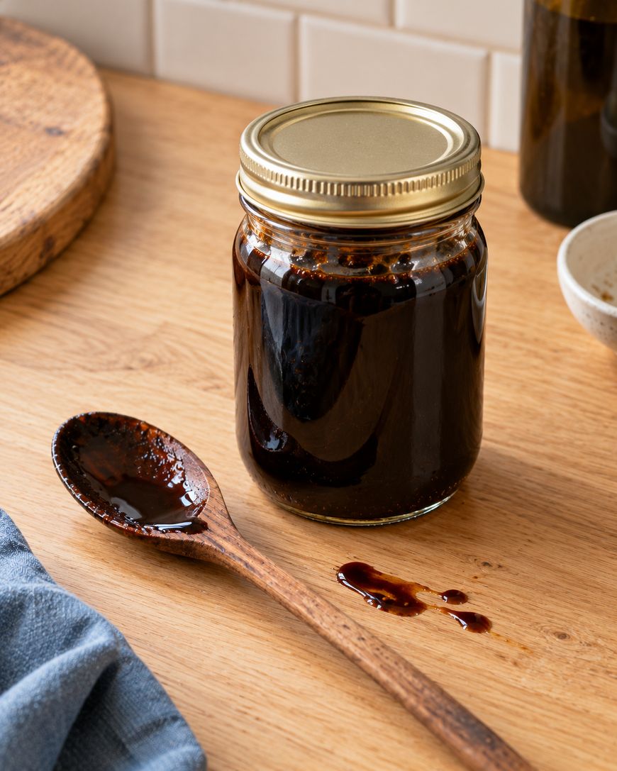 A glass jar filled with dark balsamic glaze next to a wooden spoon with a small drip on a wooden surface.