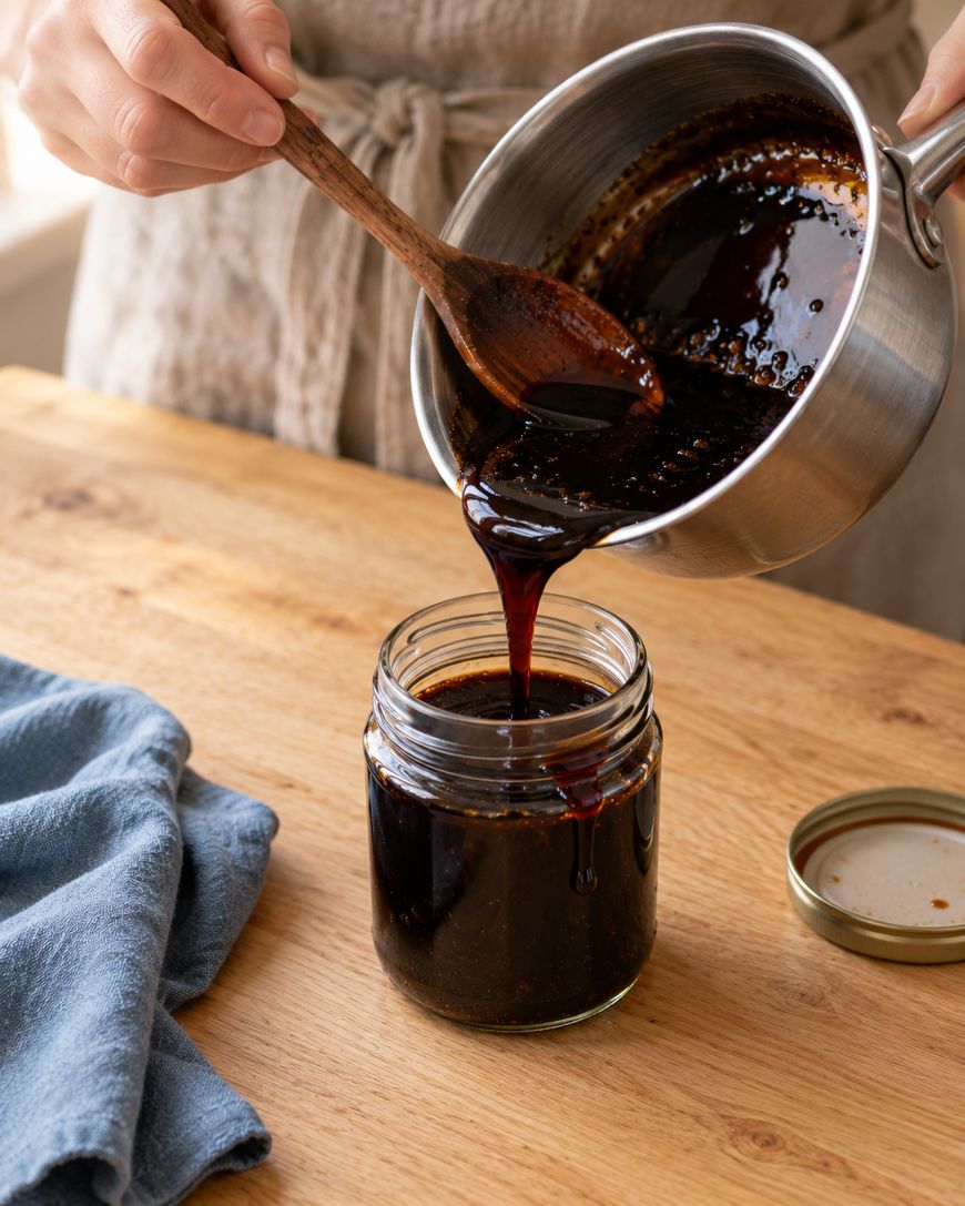 A person pours a dark, viscous sauce from a metal saucepan into a glass jar using a wooden spoon.