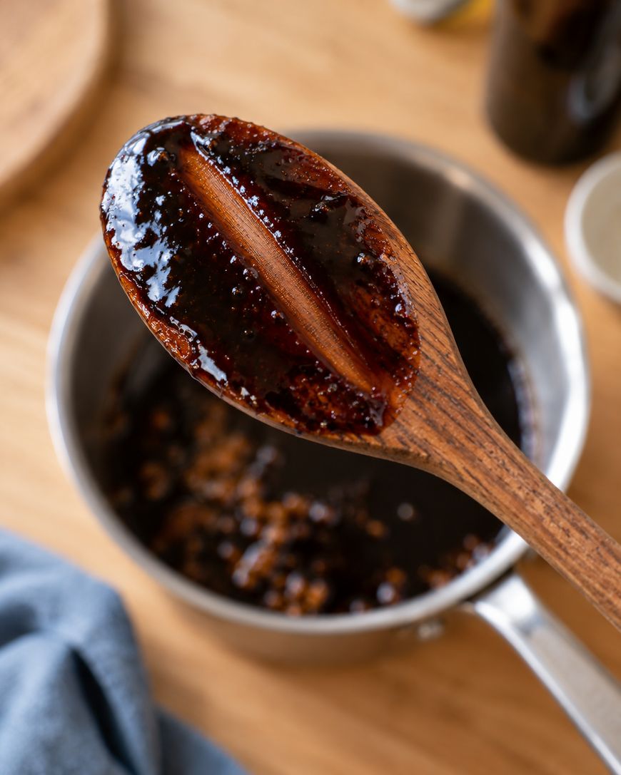 A wooden spoon held over a small saucepan, lifting a thick, dark brown sauce.