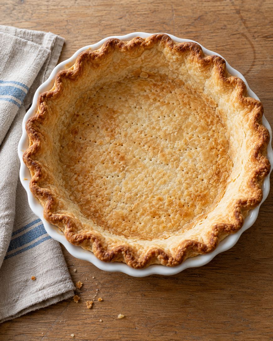 Empty baked pie crust in a white fluted dish on a wooden table next to a linen napkin.
