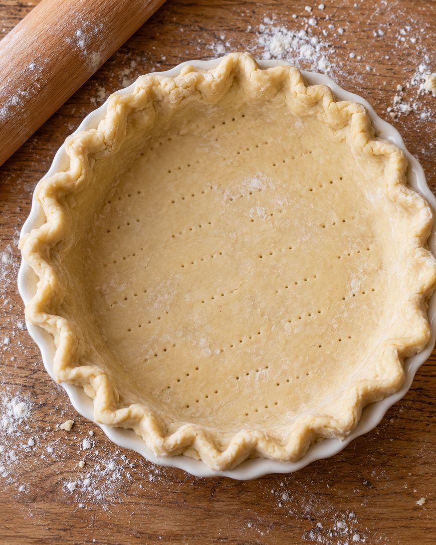 An unbaked pie crust with a crimped edge and docked base in a fluted white dish, next to a rolling pin on a wooden surface.