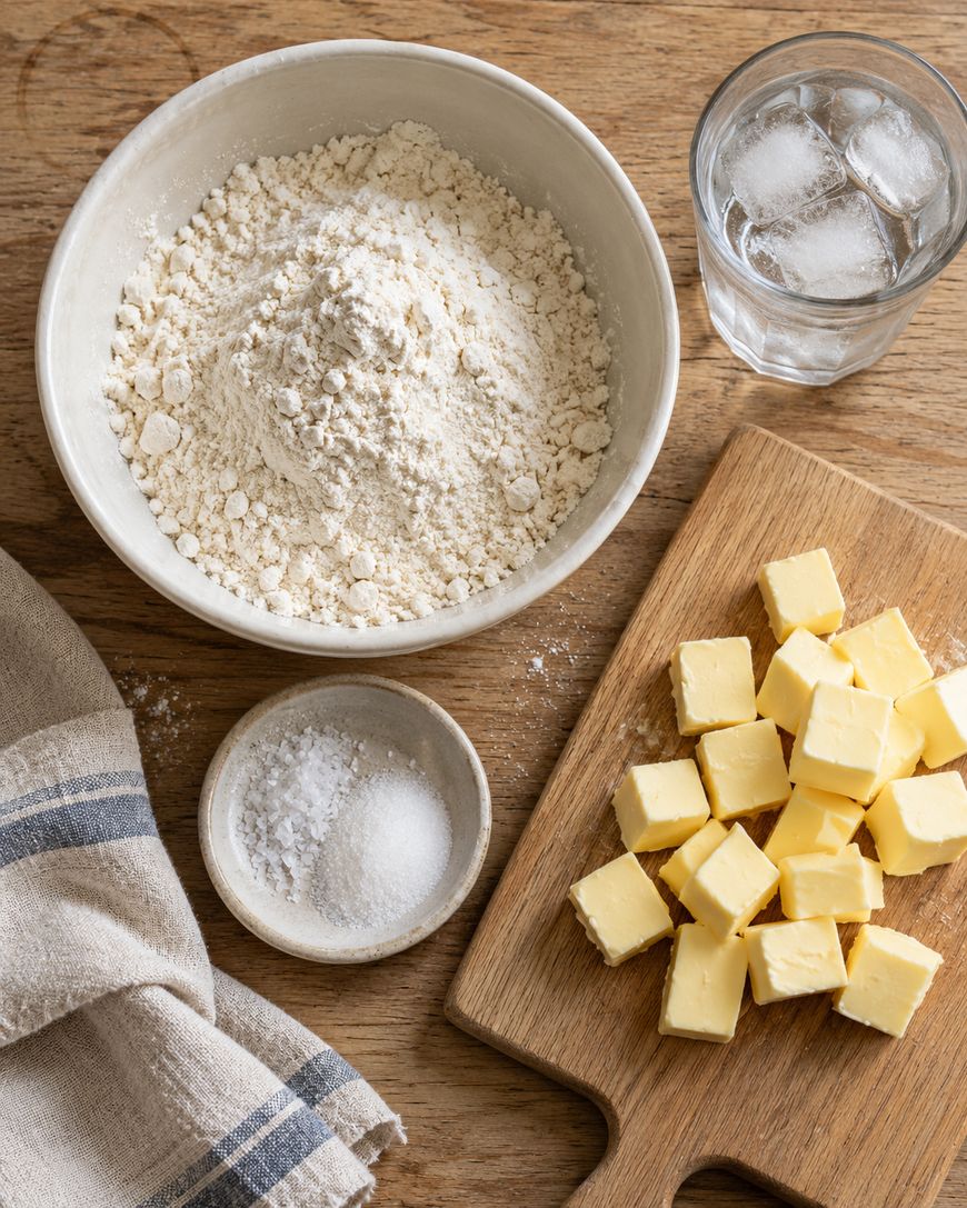 A bowl of flour, a small dish of salt, a glass of ice water, and cubes of butter on a wooden board.