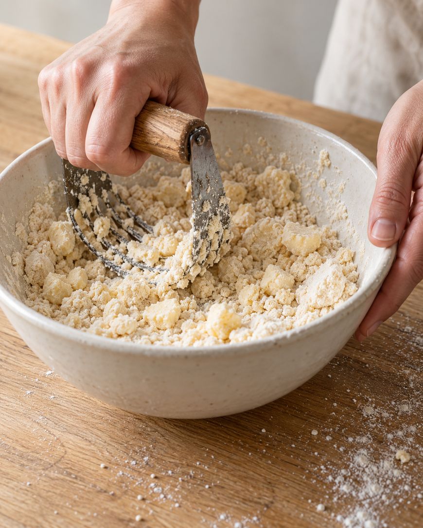 A person uses a pastry blender to mix butter and flour in a bowl.