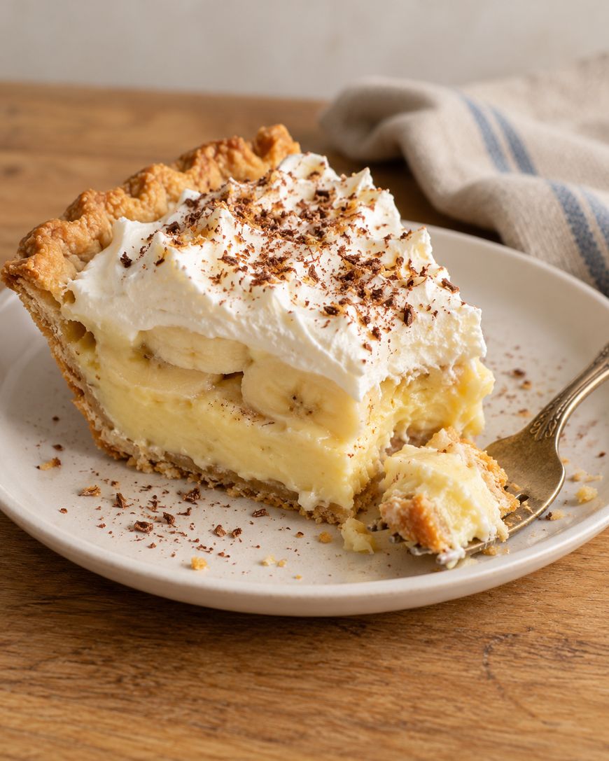 A slice of banana cream pie topped with whipped cream and chocolate shavings on a plate with a fork.