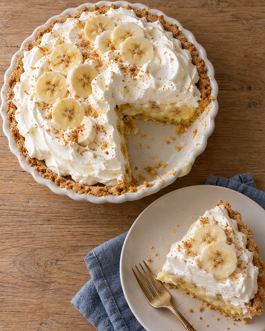 A banana cream pie topped with whipped cream and sliced bananas, with one slice served on a plate with a fork.