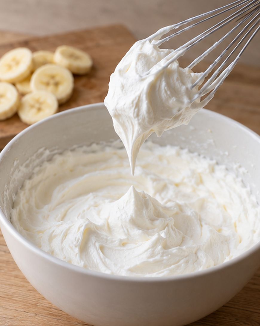A wire whisk lifting whipped cream from a mixing bowl, with sliced bananas on a wooden board in the background.