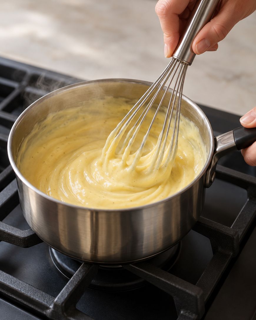 A hand uses a wire whisk to stir a creamy yellow sauce in a metal saucepan on a stovetop.
