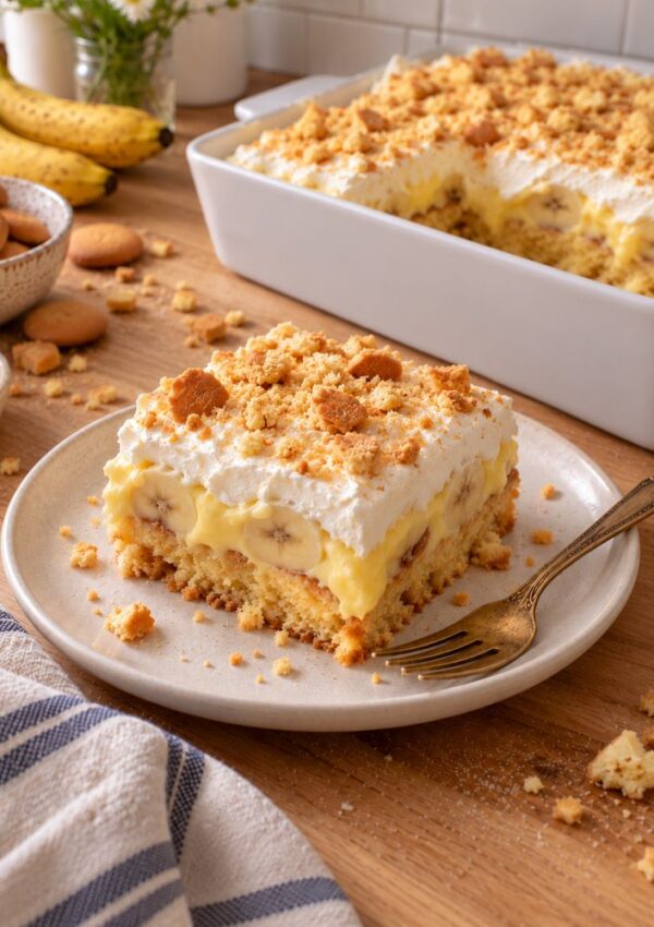 Easy Banana Pudding Cake With Creamy Layers and Vanilla Wafer Crunch