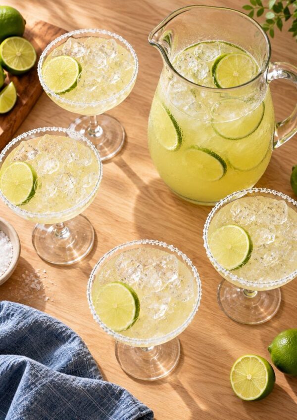 A pitcher and five glasses of lime margaritas with ice and lime slices sit on a wooden table, surrounded by fresh limes, a bowl of salt, and a blue cloth.