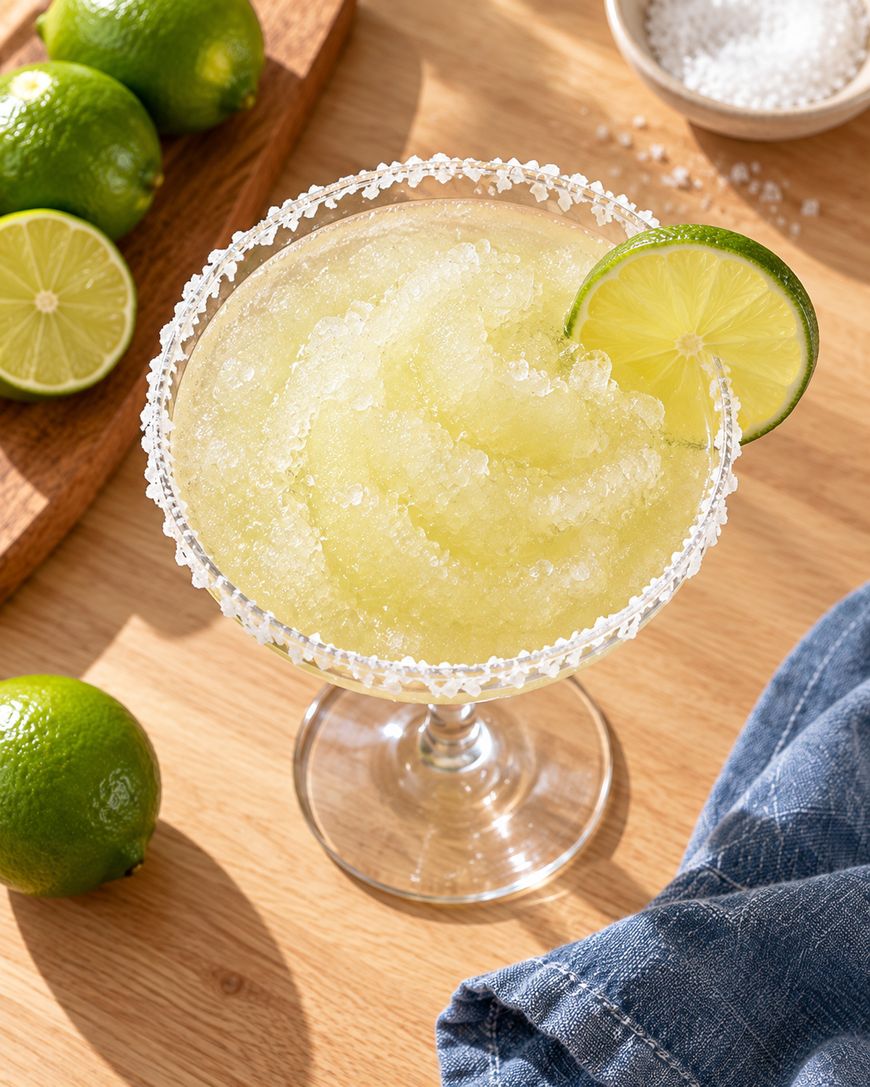A frozen margarita in a glass with a salted rim and a lime slice garnish, surrounded by fresh limes, a bowl of salt, and a blue cloth on a wooden surface.