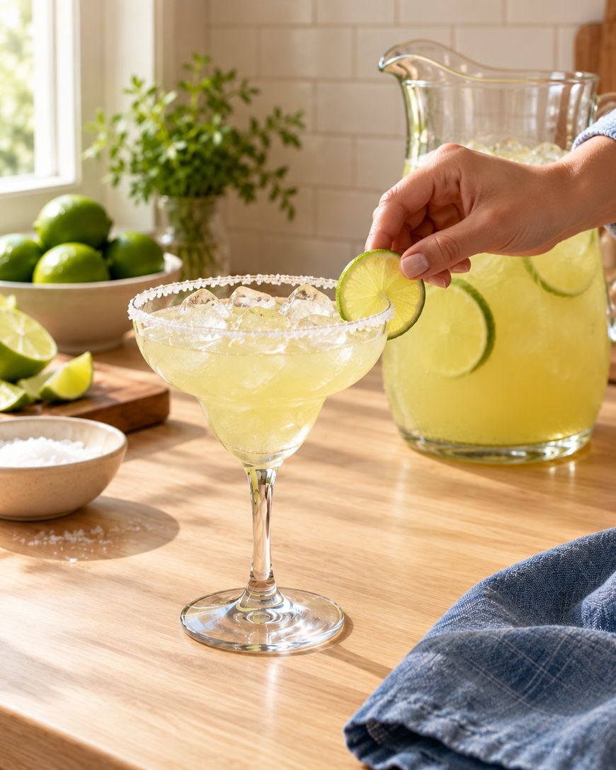 A hand places a lime slice on the rim of a margarita glass filled with ice and a yellow drink. A pitcher of the same drink, fresh limes, and a bowl of salt are on a sunny wooden kitchen counter.