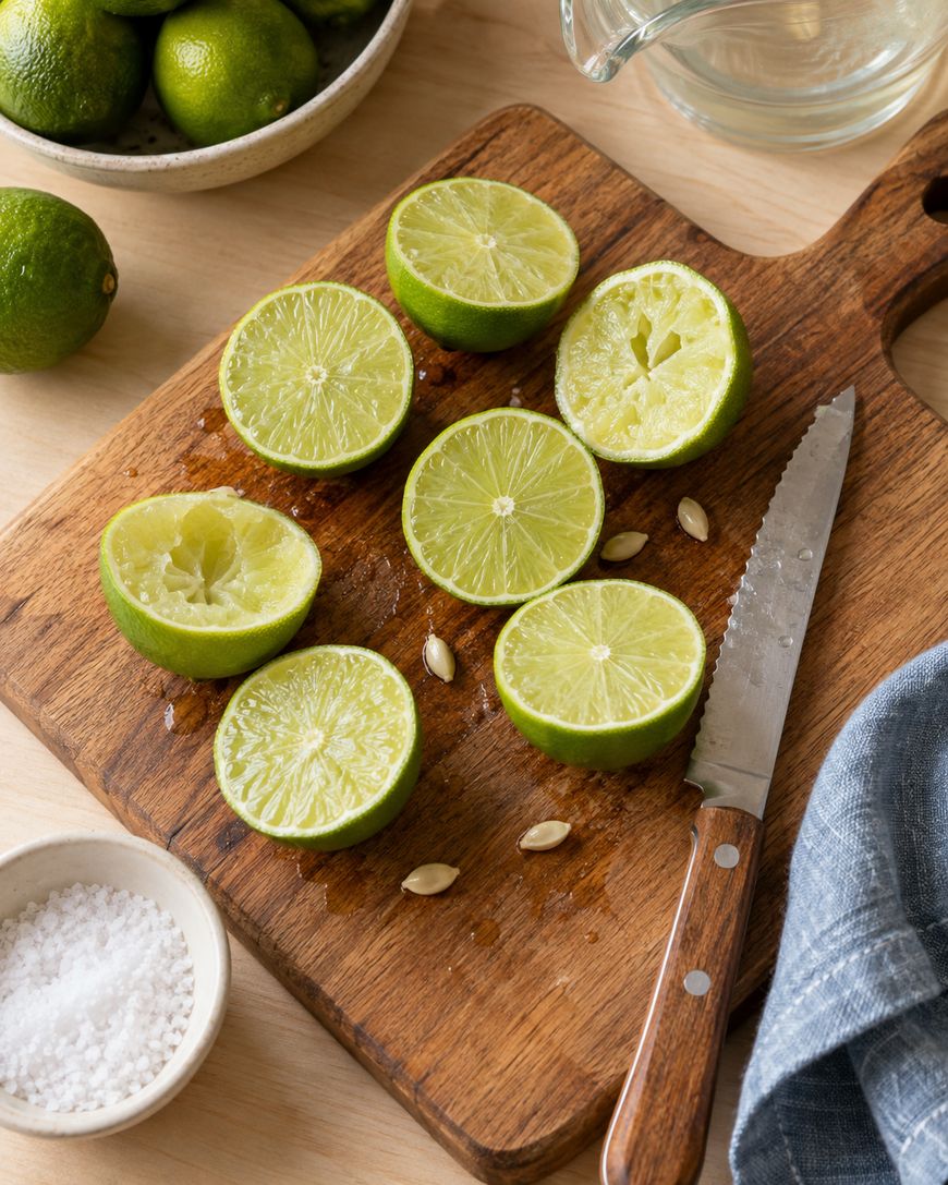 Halved limes and some seeds on a wooden cutting board with a knife, a bowl of limes, a bowl of salt, a blue cloth, and a glass pitcher in the background.
