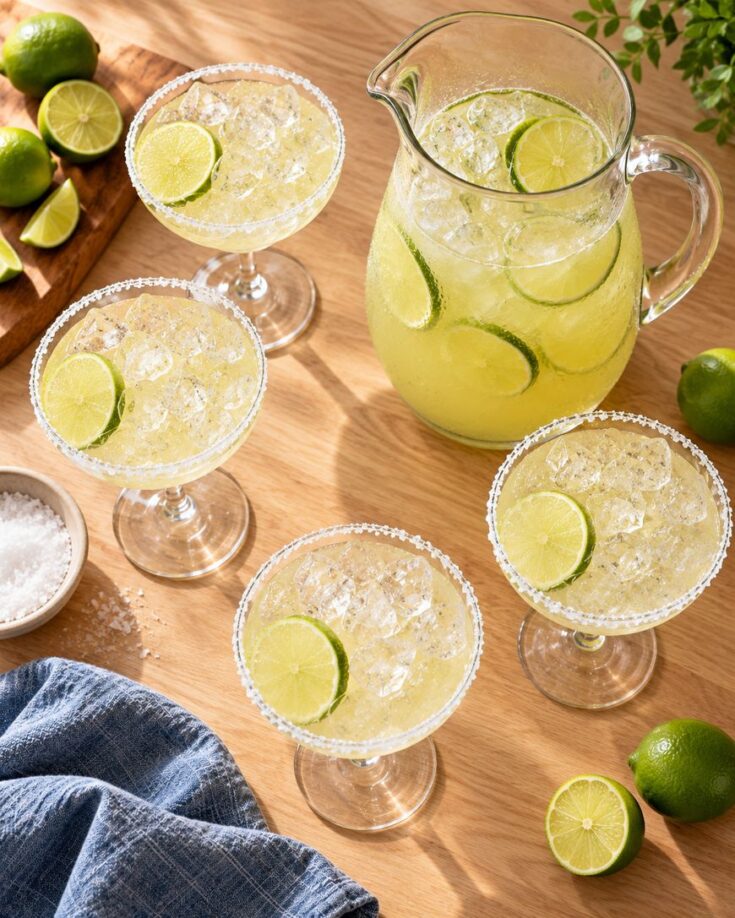 A pitcher and four glasses of margarita with lime slices and ice on a wooden table, surrounded by fresh limes, a bowl of salt, and a blue cloth.