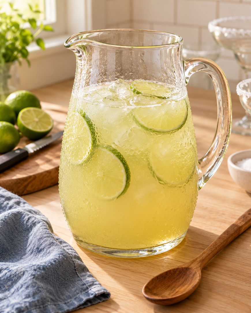A glass pitcher filled with ice, lime slices, and yellow-green limeade sits on a wooden table with a wooden spoon, a blue cloth, and fresh limes nearby. Sunlight streams in from a window.