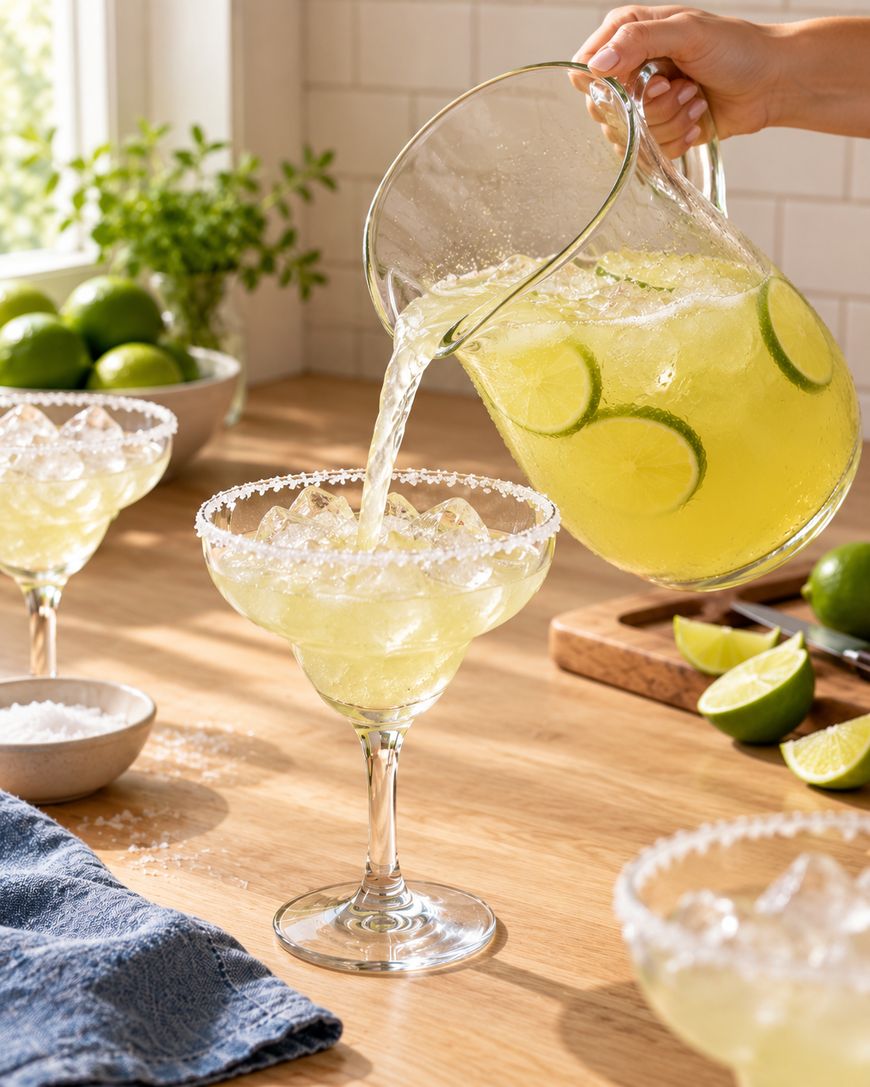 A hand pours margarita with lime slices from a pitcher into a salt-rimmed glass on a wooden table, surrounded by limes, a bowl of salt, and more margarita glasses.