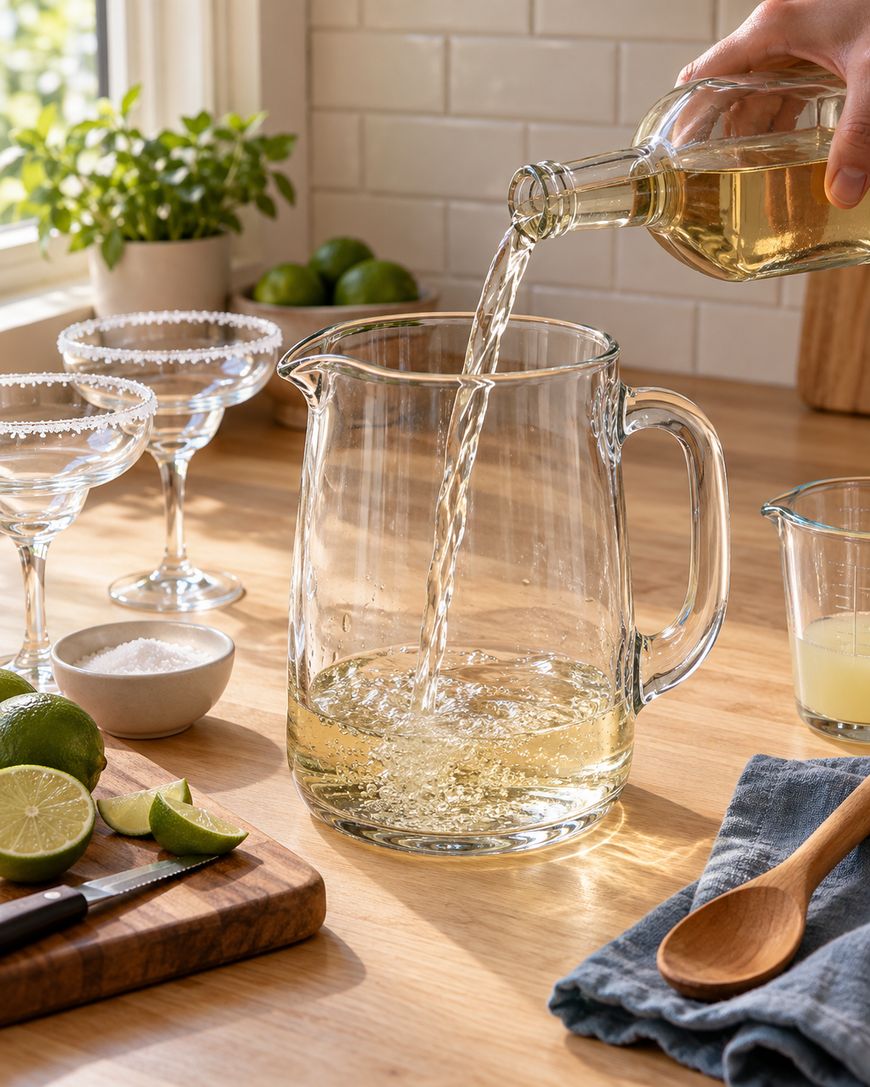 A hand pours a light-colored liquid from a bottle into a clear pitcher on a wooden counter, surrounded by limes, salt, a wooden spoon, juice, and margarita glasses with salt rims.