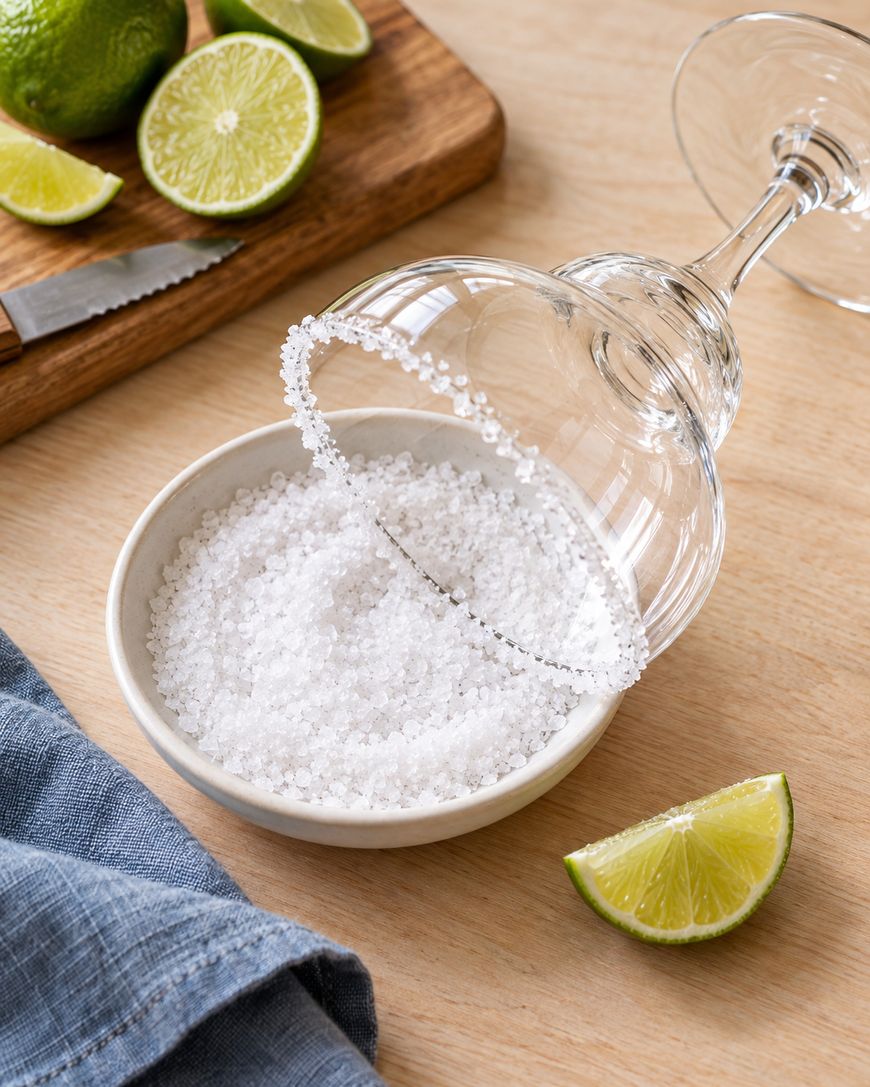 A margarita glass with a salted rim is tipped into a bowl of coarse salt. Lime wedges and a cutting board with a knife are nearby on a wooden table.