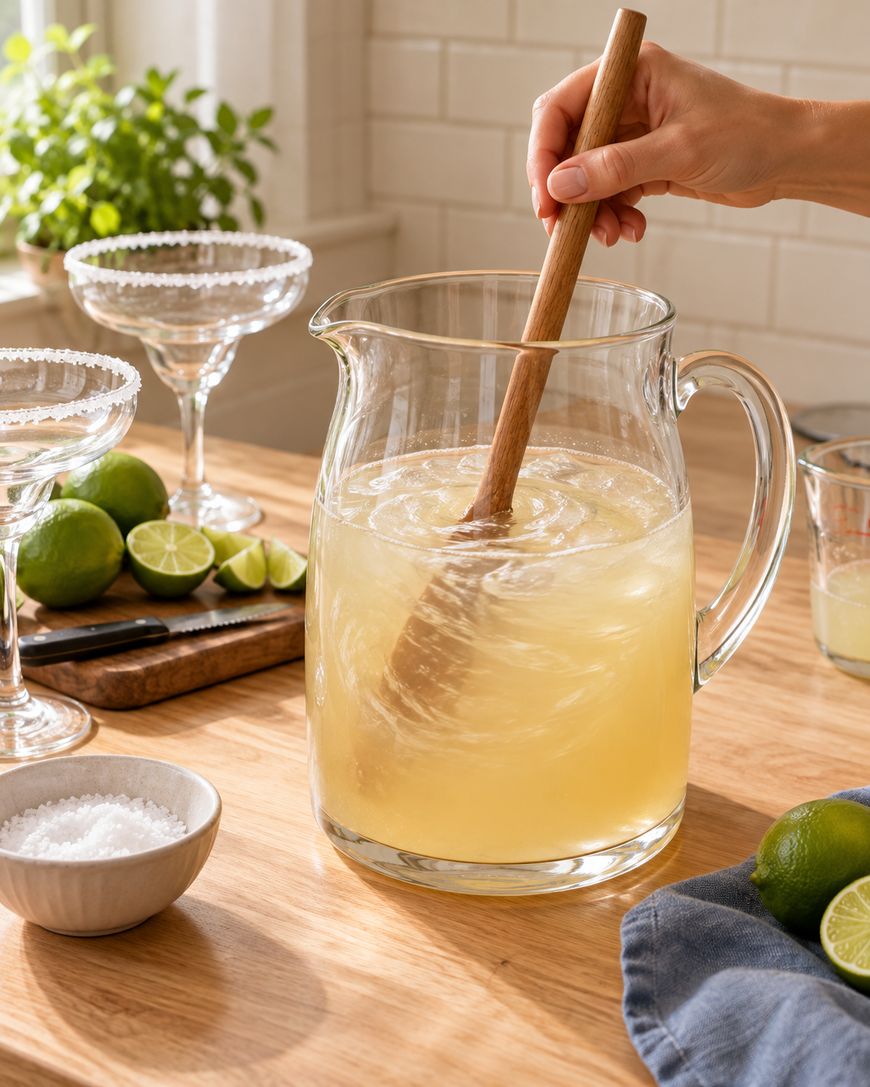 A hand stirs a pitcher of margarita mix with a wooden spoon. Sliced limes, salt, and two empty salted glasses are nearby on a sunlit wooden kitchen counter.