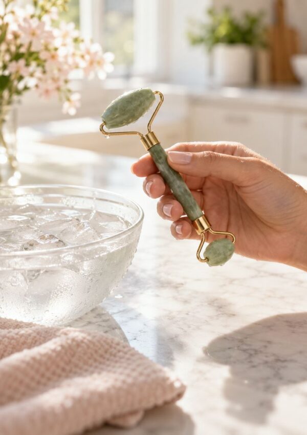 A hand holds a green jade facial roller above a glass bowl filled with ice water.