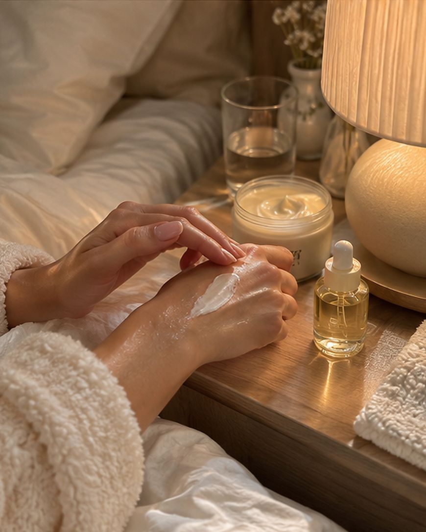 Hands applying cream from a jar to the back of the other hand, with a small bottle of facial oil nearby on a bedside table.